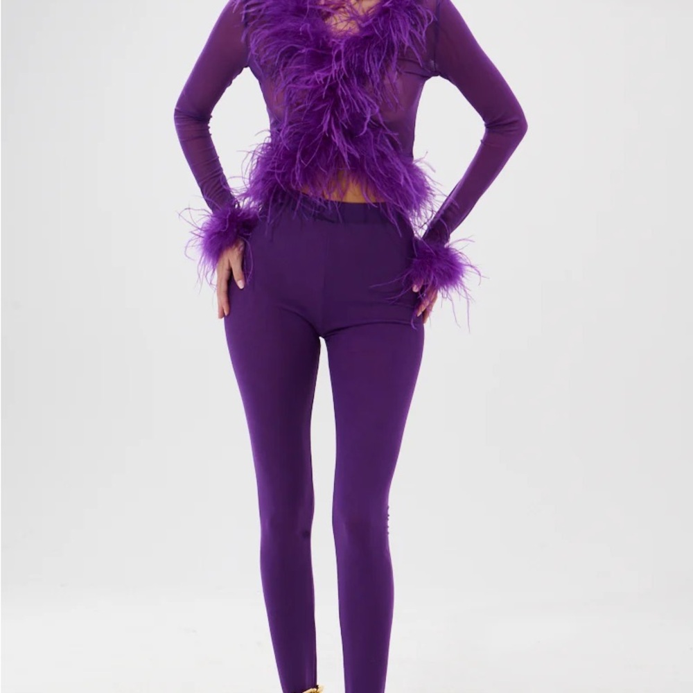 Purple Feather-Trimmed Top and Pants